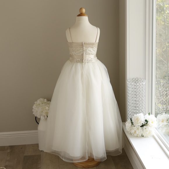 Ivory Champagne Formal Flower Girl Dress Tulle Sequins Pearls Satin Trim LOVELY - Picture 6 of 7